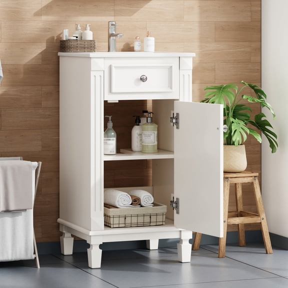 French Style 18-inch Bathroom Vanity with Ceramic Sink, White Solid Wood & MDF Cabinet, Soft-Closing Door, Adjustable Shelf