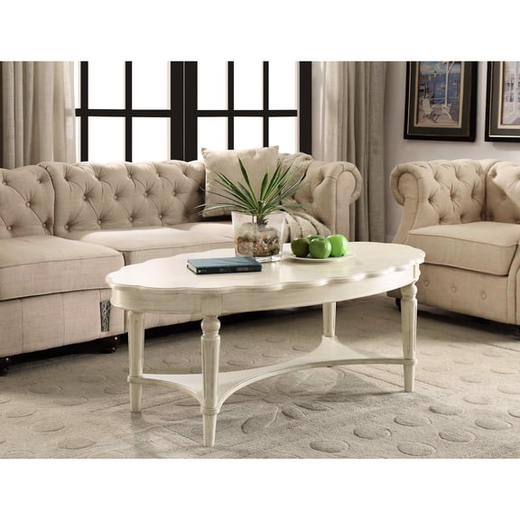 French Style Antique White Table - Oval Shape And Wood Coffee Solid Construction