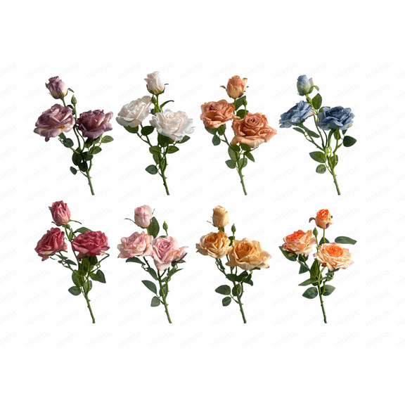 French-Style Artificial Flower Single-stem Three-Headed Rose, Realistic Garden Rose Look for Wedding Arch, Aisle & Reception Decor Blue