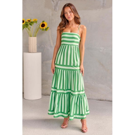 French-Style Color-Block Striped Tiered Maxi Dress — Vacation-Style, Square-Neck, Loose-Fit, Slimming, Full-Skirted Dress