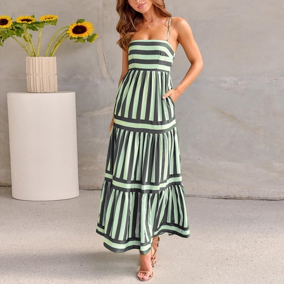 French-Style Color-Block Striped Tiered Maxi Dress — Vacation-Style, Square-Neck, Loose-Fit, Slimming, Full-Skirted Dress