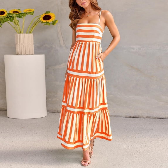 French-Style Color-Block Striped Tiered Maxi Dress — Vacation-Style, Square-Neck, Loose-Fit, Slimming, Full-Skirted Dress