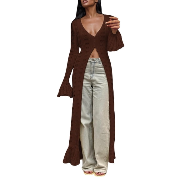 French Style Crochet Cover Up Dress Airy Long Knit Cardigan With Flared Sleeves For Resort Wear