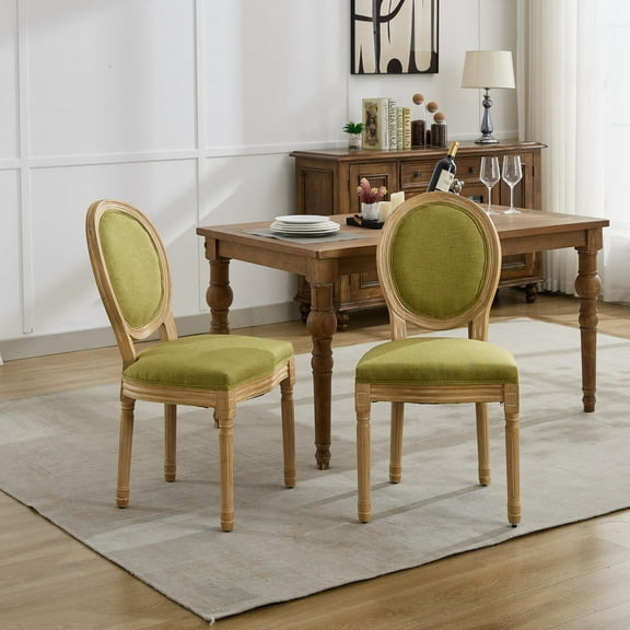 French Style Dining Chairs Set of 2 - Solid Wood Frame with Linen Upholstery, Antique Finish, Olive Green