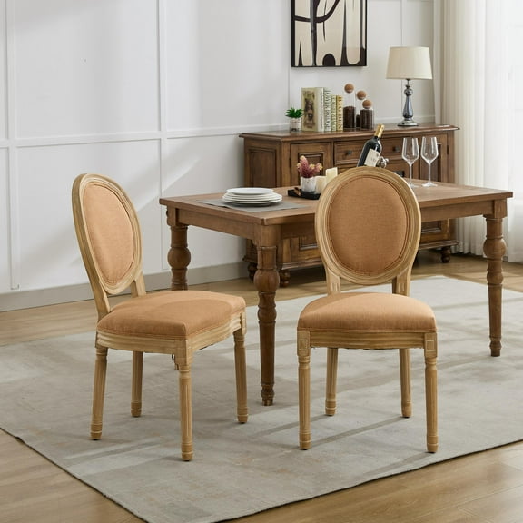 French Style Dining Chairs Set of 2 - Solid Wood Frame with Linen Upholstery, Antique Finish, Tan