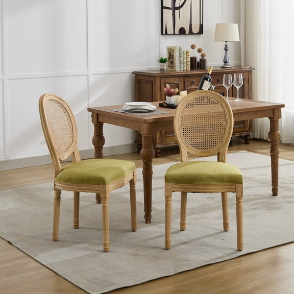 French Style Dining Chairs Set of 2 - Solid Wood Frame with Linen Upholstery & Rattan Back, Olive Green