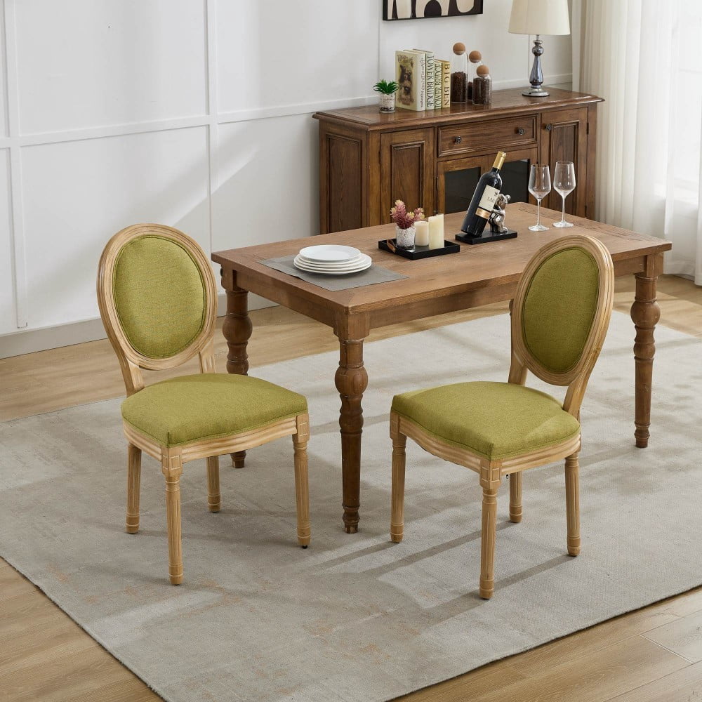 French Style Dining Chairs Set of 2, Solid Wood Upholstered Dining Room Chairs with Linen Fabric, Cushioned Backrest, Antique Finish, Olive Green