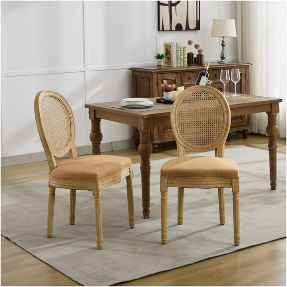 French Style Dining Chairs Set of 2, Tan Linen Upholstered Rattan Back Side Chairs with Antique Painted Solid Wood Frame for Kitchen Dining Room