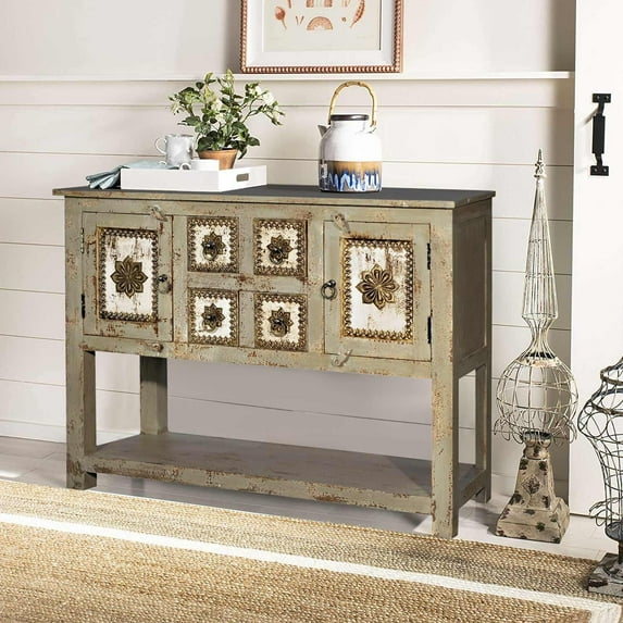 French Style Distressed Gray Solid Wood Console | Unique 4 Door & 1 Drawer Hall Table | Boho Farmhouse Console | Indian Entry Foyer Table