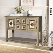 French Style Distressed Gray Solid Wood Console | Unique 4 Door & 1 Drawer Hall Table | Boho Farmhouse Console | Indian Entry Foyer Table