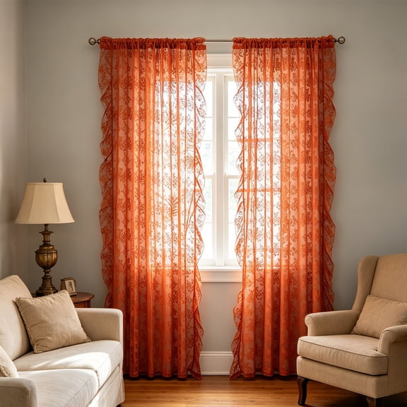 French Style Lace Curtains, Drill-Free Sheer Drapes for Living Room, Kitchen & Bedroom Bay Windows, Romc Voile Window Treatments, Light Filtering​, Orange