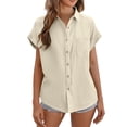 thumbnail image 1 of French Style Linen Shirt - Women's Rolled Sleeve Summer Top, Relaxed Fit Cropped Cotton Blouse | Yubnlvae (Beige | L), 1 of 4
