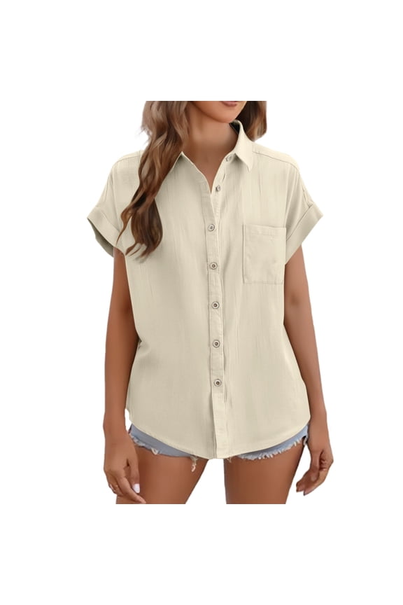 French Style Linen Shirt - Women's Rolled Sleeve Summer Top, Relaxed Fit Cropped Cotton Blouse | Yubnlvae (Beige | XXL)