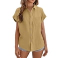 thumbnail image 1 of French Style Linen Shirt - Women's Rolled Sleeve Summer Top, Relaxed Fit Cropped Cotton Blouse | Yubnlvae (Yellow | XXL), 1 of 4