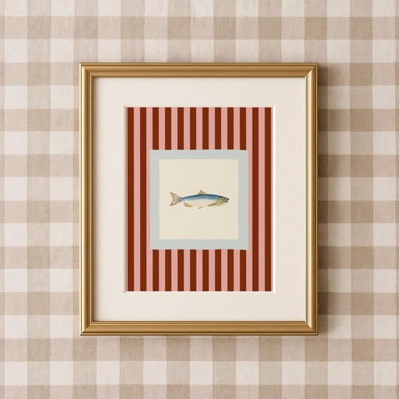 French Style Maroon Striped Fish Cottagecore Decor Wall Art
