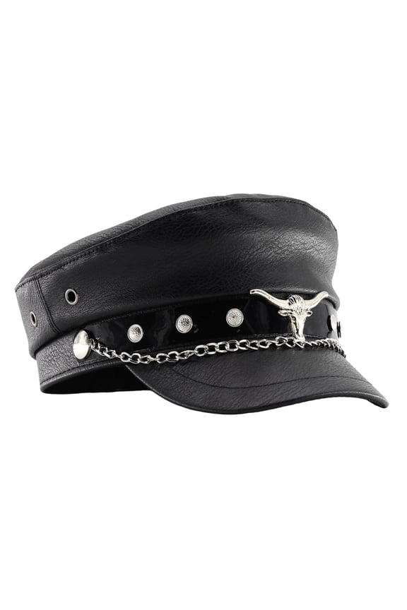 French Style Newspaper Boy Hat with Bullhead Rivet Chain Adjustable Unisex Militaries Cap Breathable Music Festival Outdoor Activity Hat