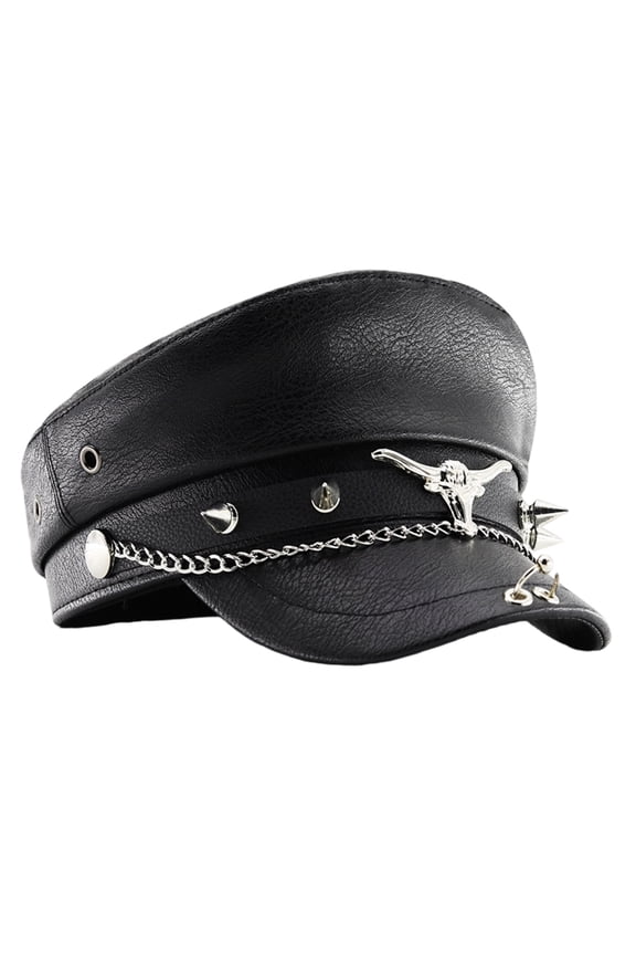 French Style Newspaper Boy Hat with Bullhead Rivet Chain Adjustable Unisex Militaries Cap Breathable Music Festival Outdoor Activity Hat