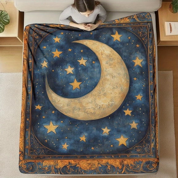 French Style Night Sky Flannel Blanket, Dark Blue Moon Stars Bedspread, Soft Warm Bed Cover for Home Decor Travel Camping, Machine Washable Gift