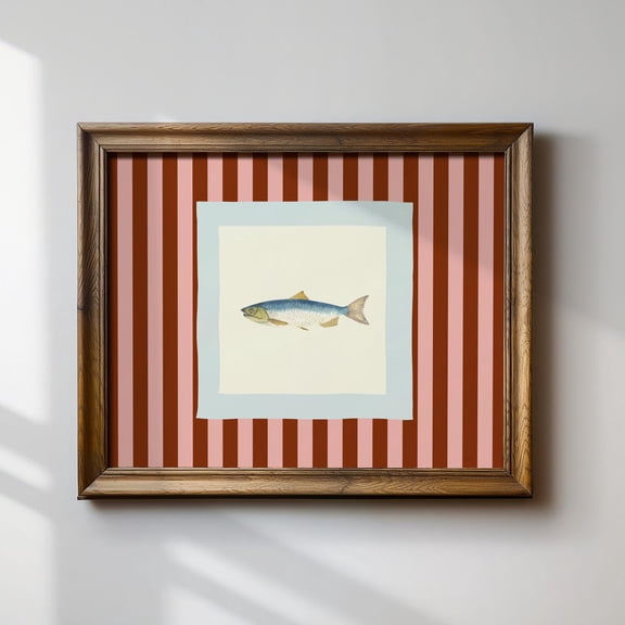 French Style Pink And Maroon Striped Fish Illustration Cottage Core Room Decor Art Print