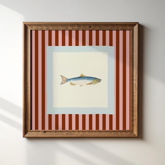 French Style Pink And Maroon Striped Fish Illustration Prints Cottage Core Room Decor 1X1 Square