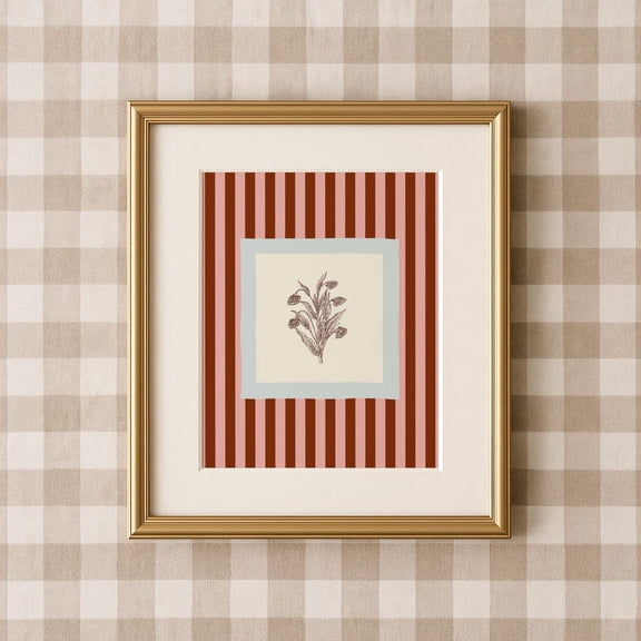 French Style Pink Maroon Striped Comfrey Floral Cottage Core Room Decor Vertical Portrait