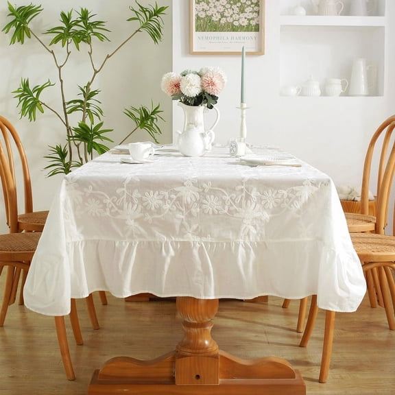 French-Style Polyester Tablecloth - Blue & White Porcelain-Inspired Embroidered Design, Waterproof & Oil-Resistant with Ruffled Hem