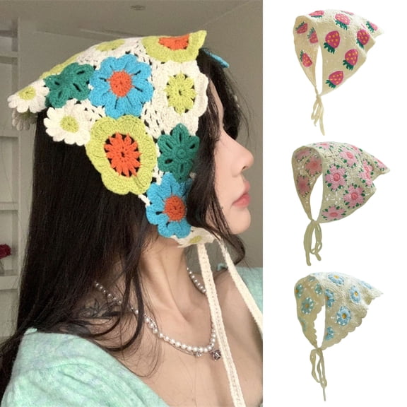 French Style Retro Girl Headscarf Crochet Knitting Hair Band Flower Pattern Knitted Fabric Adjustable Fit Headwrap
