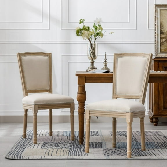 French Style Solid Wood Frame Linen Fabric 2-Pack Square Back Dining Chairs with Non-Slip Pads
