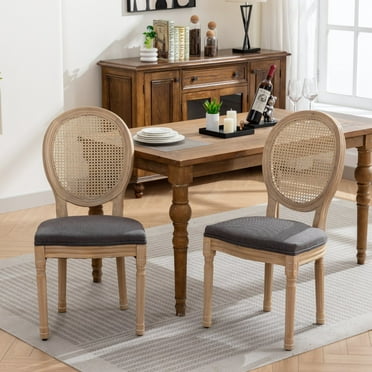 French Style Solid Wood Frame Linen Fabric Rattan Back Dining Chair,Set of 2 Grey