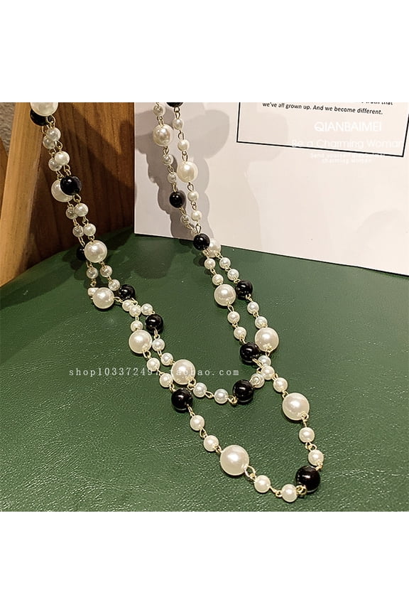 French-Style Sweater Chain Necklace for Fall/Winter Black & White Pearl High-End Choker Necklace Fashionable Collarbone Chain Necklace Women's Accessories