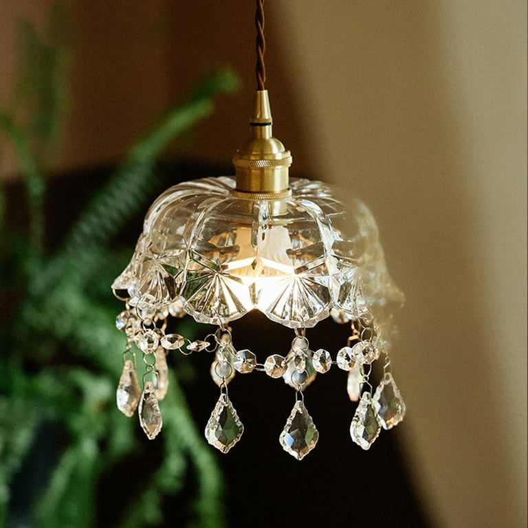 French Style Vintage Small Chandelier Brass Crystal Glass Shade Pendant  Light Ceiling Lamp 