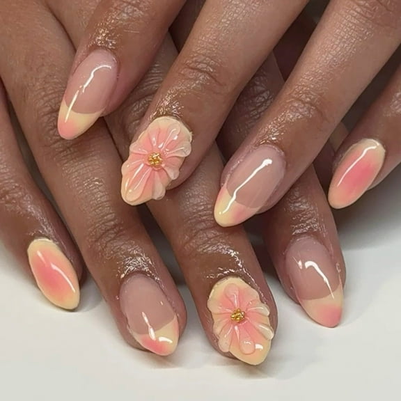 French Styles Almond Artificial Nails With Floral Accents Yellow To Gradient Easy Application For Daily Wear