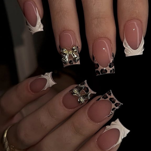 French Styles False Nails With Bows Leopards Print Design ABS Materials For Daily Wear And Special Occasions