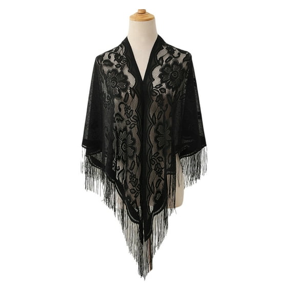 French Styles Flower Pattern Shawl Triangle Lace Shoulder Wrap with Tassels Great for Women Casual and Formal Occasion
