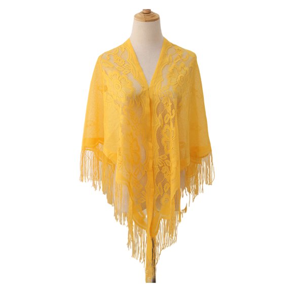French Styles Flower Pattern Shawl Triangle Lace Shoulder Wrap with Tassels Great for Women Casual and Formal Occasion
