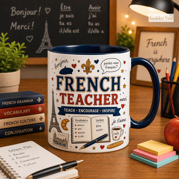 French Teacher Mug with Paris Classroom Design, Appreciation Gift for Educators