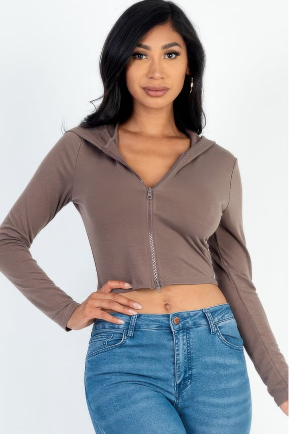 French Terry Crop Zip Up Hoodie