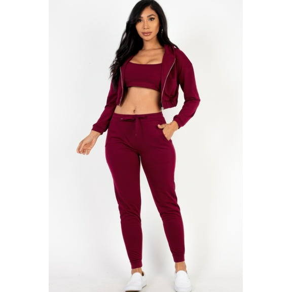 French Terry Cropped Cami With Zip-up Jacket And Joggers Set