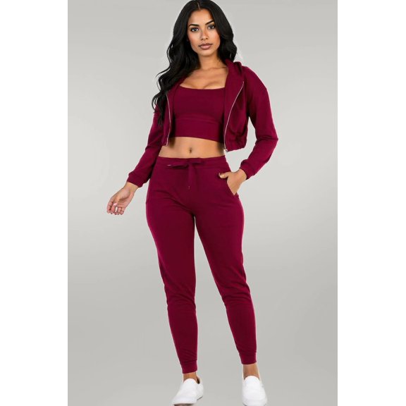 French Terry Cropped Cami With Zip-up Jacket And Joggers Set