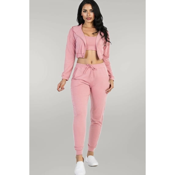 French Terry Cropped Cami With Zip-up Jacket And Joggers Set
