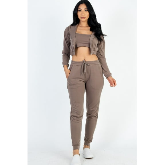 French Terry Cropped Cami With Zip-up Jacket And Joggers Set