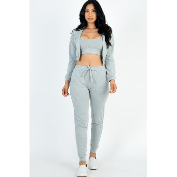French Terry Cropped Cami With Zip-up Jacket And Joggers Set