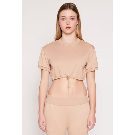 Womens French Terry Toggle Drawstring Hem Crop Top