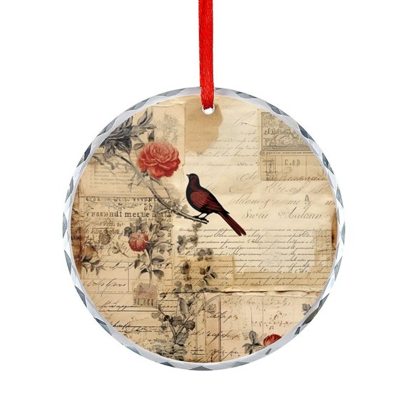 French Themed Stationery Paper Crystal Glass Ornament Holiday Ornaments Decoration for Home Vintage Flowers And Bird Stamp Mail Text Glass Round Christmas Ornament