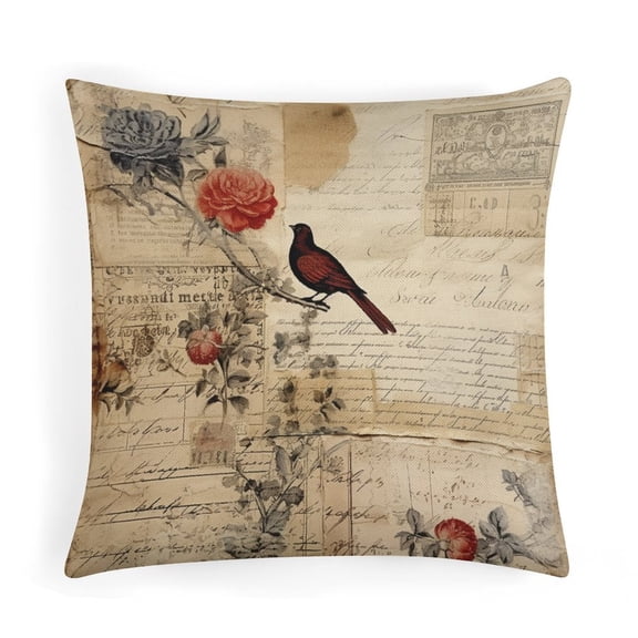 French Themed Stationery Paper Pillowcases 16"x16" Vintage Spring Colorful Birds on Flower Branch Farmhouse Pillow Cover Decorative Pillow Covers Cushion Case for Sofa Couch