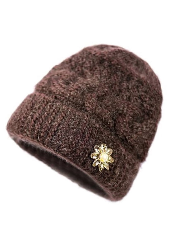 Women's Thick Knit Beanie Hat with Flower Detail Winter Warm Woolen Cap