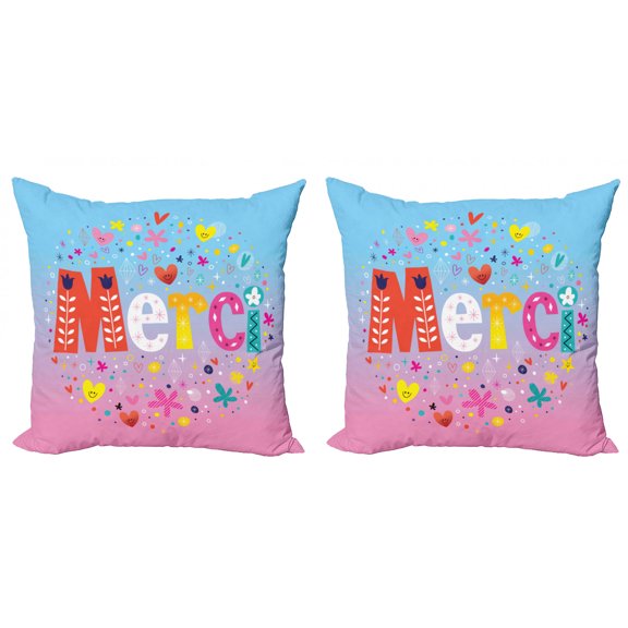 Ambesonne Paris Throw Pillow Cover 2 Pack, French Words with Hearts, 18", Multicolor