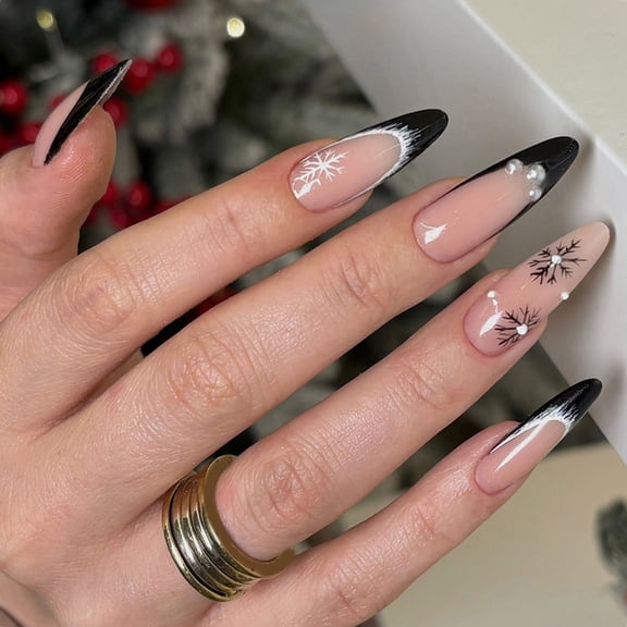 French Tip Black Edges Press Nails Reusable ABS Christmas Manicure Set For Parties Weddings And Daily Fashion