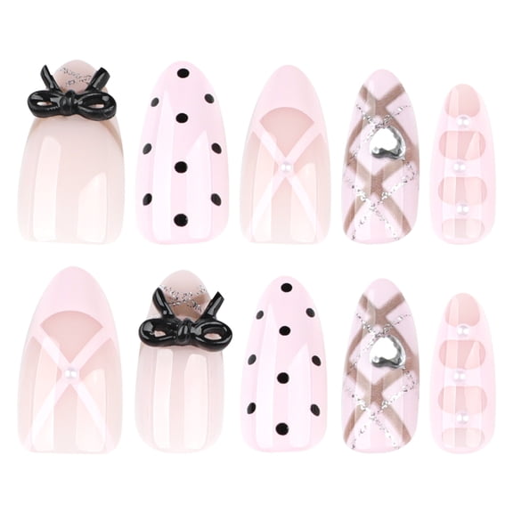 French Tip, Butterfly, and Polka Dot Fake Nails, Black, Pink, and White Medium Long Almond Glossy Press on Nails with Pearl Accents, 24 Count