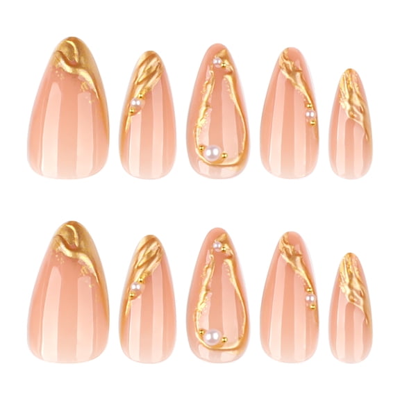 French Tip Fake Nails, Gold and Nude Pink Medium Stiletto Glossy Press on Nails with Pearl Accents, 24 Count